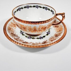 JPL Jean Pouyat Limoges France Porcelain Tea Cup & Saucer Gold Green Leaf Vtg